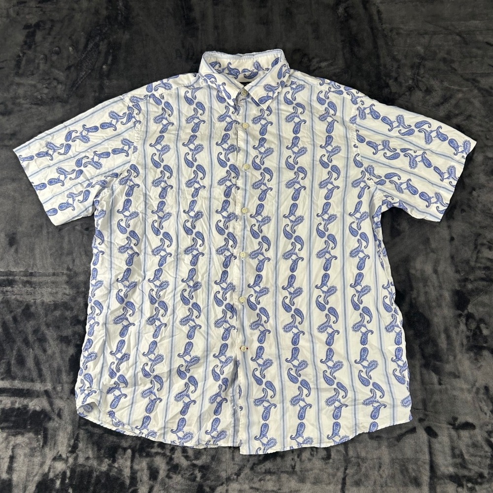 Cremieux Button Down Shirt Mens XL White Blue Paisley Stripe Short Sleeve Cotton